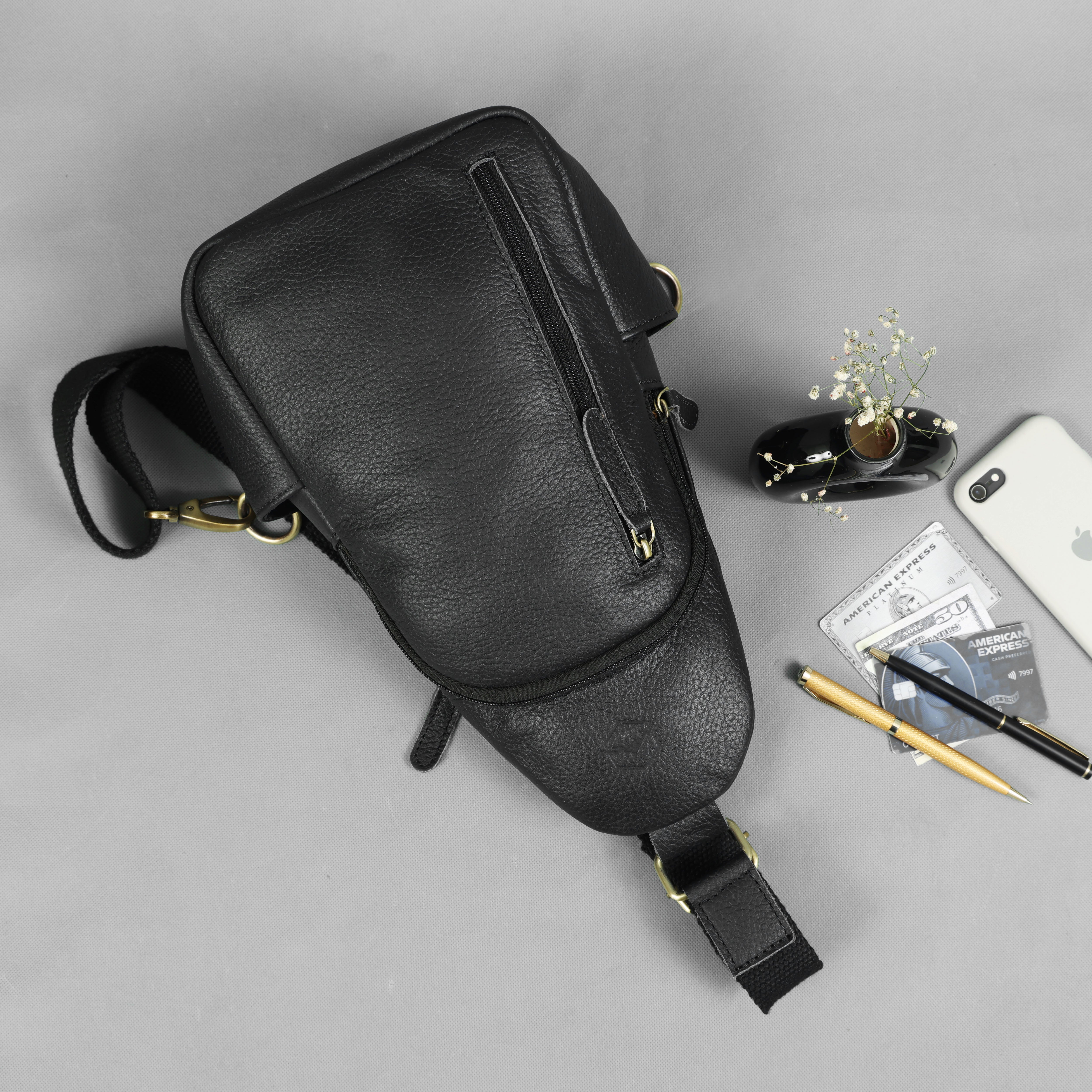 Emerson Black Buffalo Leather Sling Bag