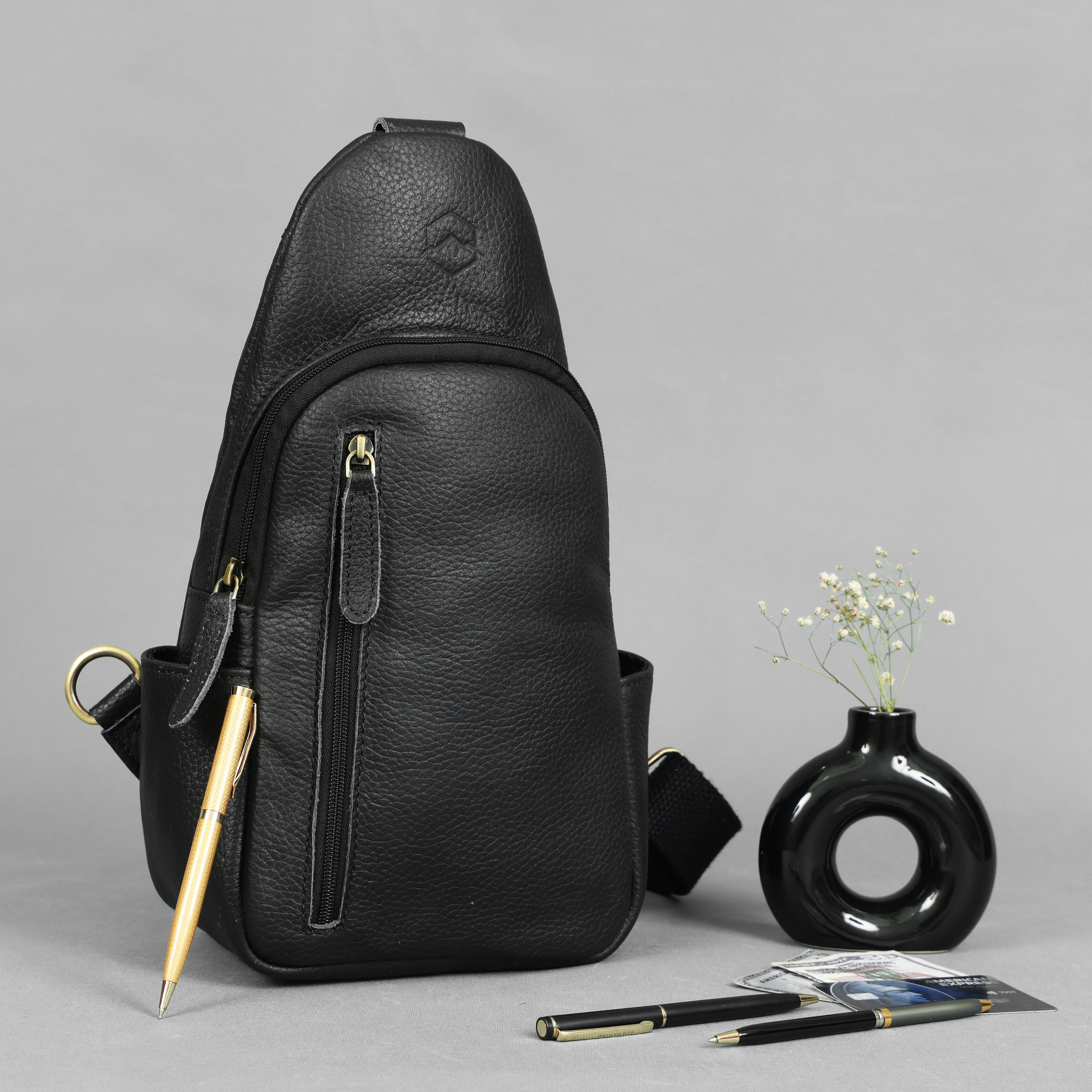 Emerson Black Buffalo Leather Sling Bag