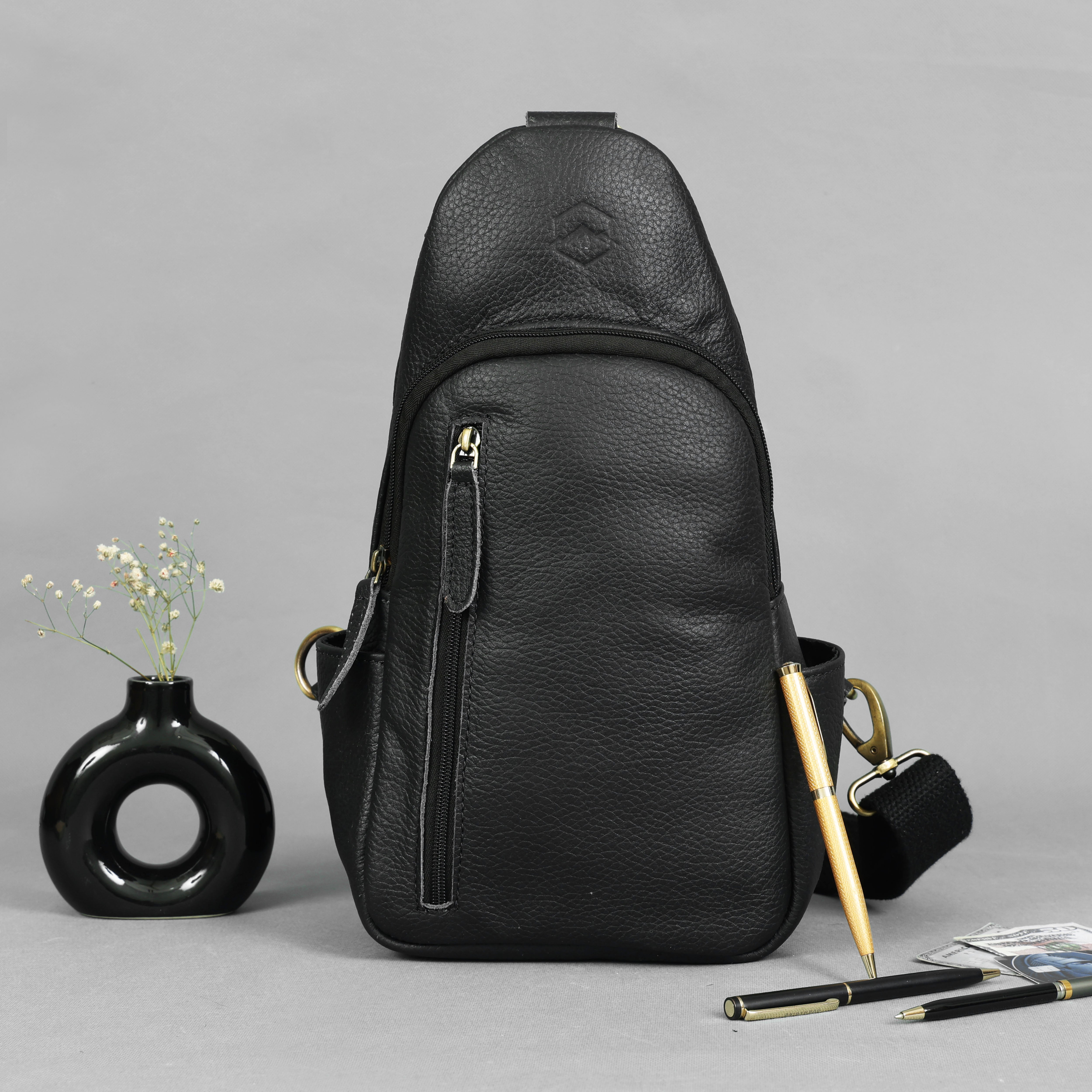 Emerson Black Buffalo Leather Sling Bag